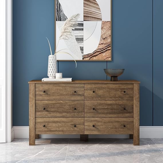 6 Drawer Dresser, Wood Chest of Drawers, Wide Storage Dresser with Sturdy Frame, Closet Organizer for Living Room Closets, Hallway, Rustic Brown