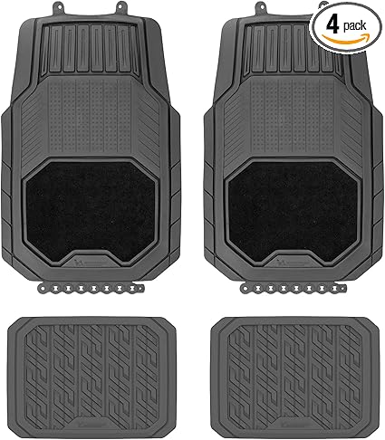 All-Weather Car Floor Mats Heavy Duty 4 pc Smart Trim Tailor Fit Clint Back Secure GripClip Full Coverage Odorless Non-Slip Carpet & Rubber Liners-Deep Dish – Black