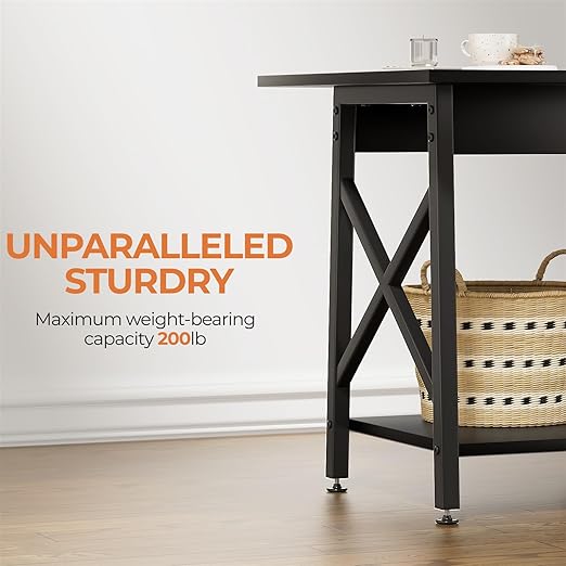 End Table, Large Square Side Tables with X-Frame, 2-Tier Storage, Black