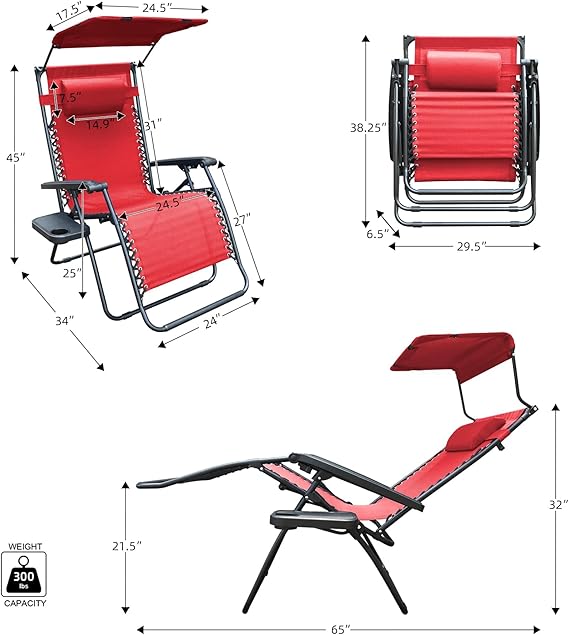 Oversized Zero Gravity Chair with Sunshade and Drink Tray - Red