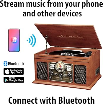 6-in-1 Bluetooth Record Player & Multimedia Center with Built-in Speakers - 3-Speed Turntable, CD & Cassette Player, FM Radio | Wireless Music Streaming | Mahogany