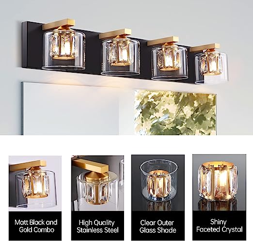 4-Light Black Bathroom Vanity Light, 30 Inch Modern Bathroom Light Fixture Over Mirror, Crystal Vanity Light with Clear Globe Glass Shade for for Bedroom Hallway