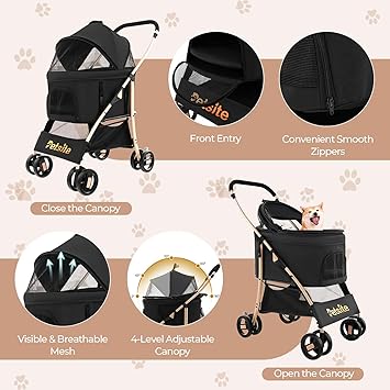 3-in-1 Pet Stroller, Portable Folding Dog Cat Stroller with Removable Car Seat Carrier, Adjustable Canopy, Zippered Mesh Entry and Storage Basket, Dog Stroller for Small or Sized Dogs