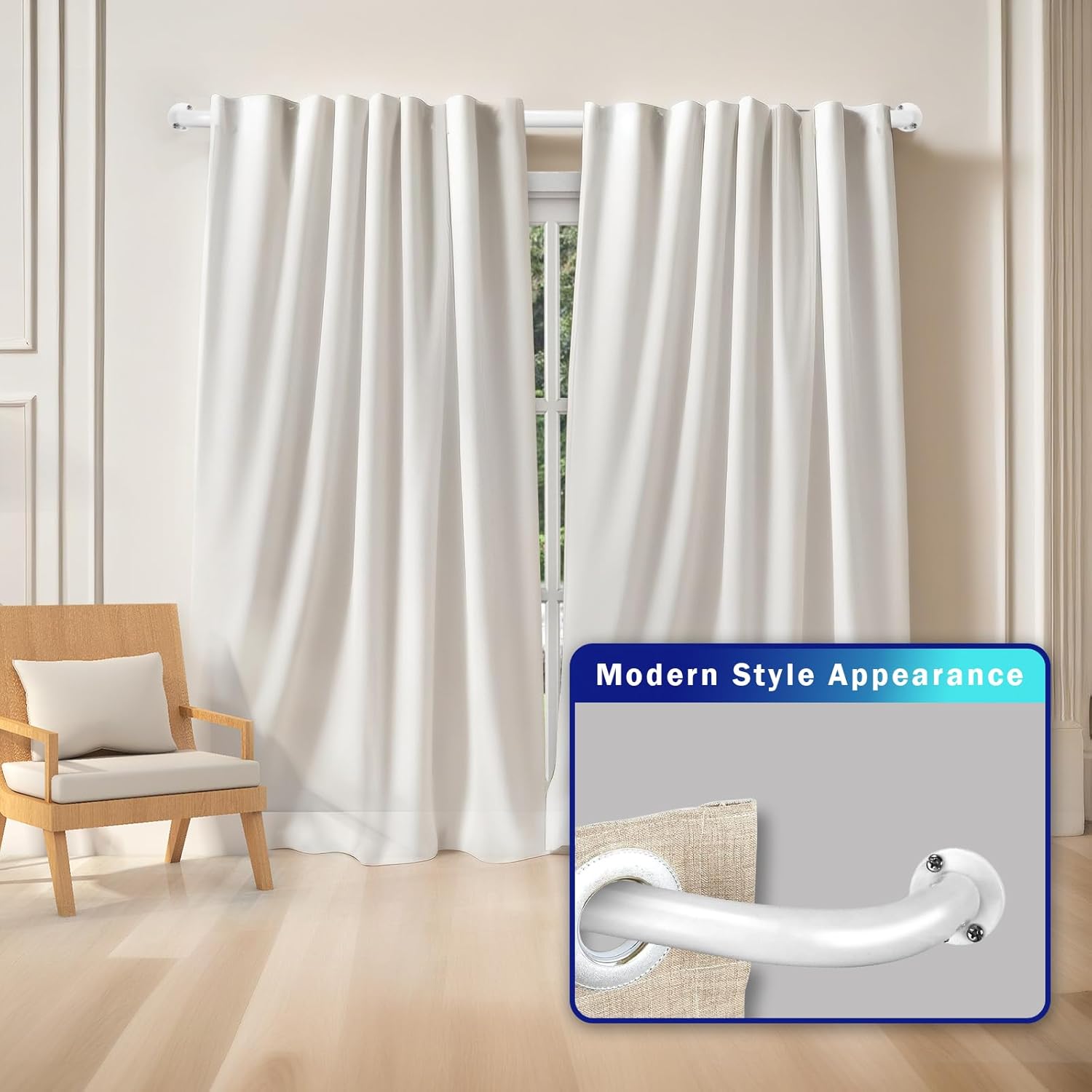 Energy Saving Wrap Around Black Out Return Adjustable Window Curtain Metal Rod Set, Glossy White