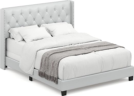 Bardy Upholstered Panel Bed Frame with Diamond Button Tufted and Nailhead Trim Wingback Headboard, King in White Faux Leather Fabric