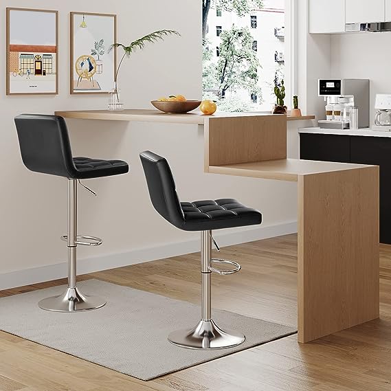 Bar Stools Modern Pu Leather Swivel Adjustable Hydraulic Bar Stool Square Counter Height Stool Set of 2(Black)