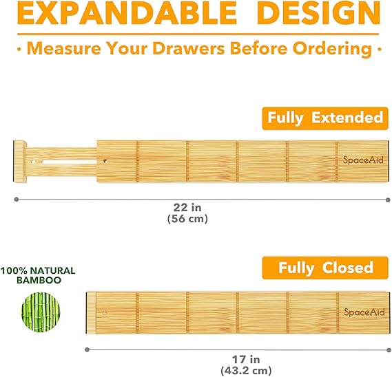 Bamboo Drawer Dividers with Inserts and Labels, Kitchen Adjustable Drawer Organizers, Expandable Organization for Home, Office, Dressers, 4 Dividers with 9 Inserts (Natural)