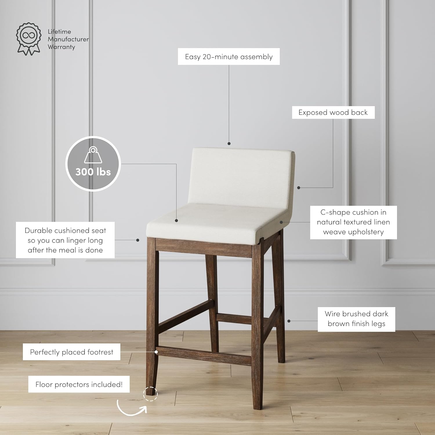 Gracie Modern Counter Height Bar Stool with Back, Counter Stool Upholstered Chair with Natural Textured Linen and Brushed Wooden Legs, White/Dark Brown