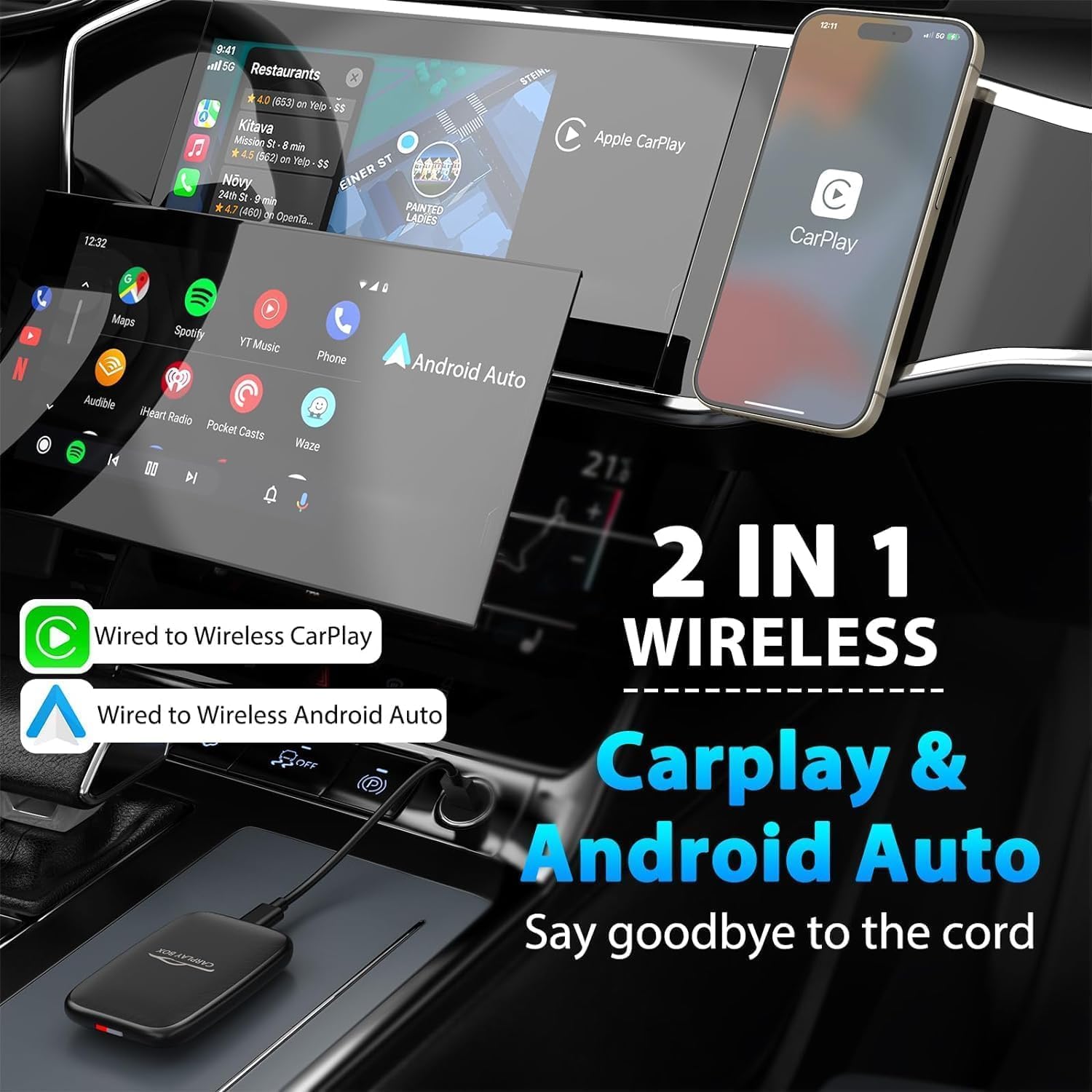 Wireless Carplay Adapter and Android Auto Converts Wired to Wireless Dongle, Support YouTube/Netflix/TF Card,Magic Box Plug & Play