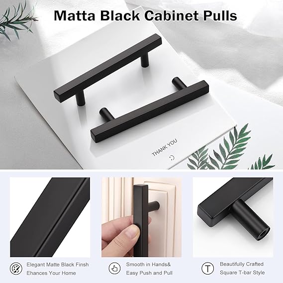 30 Pack Kitchen Cabinet Handles Matte Black, Stainless Steel Modern Pulls T Bar Door Pulls Dresser