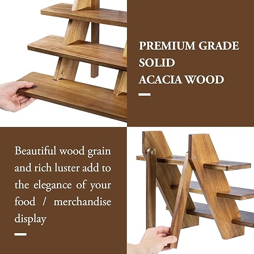 4 Tier Premium Acacia Solid Wood Cupcake Display Stand, Rustic Burnt Wooden Step Tiered Tabletop Dessert Rack, Party Table Decoration or Retail Riser
