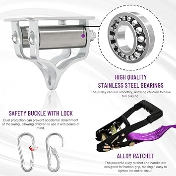 Zip ine Kit for Kids Outdoor, Stainless steellackline Pulley Slider with Swing seat Zip line
