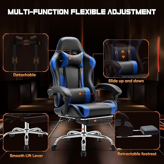 Video Game Desk Chair - Ergonomic Computer with Footrest and Comfy Lumbar Support, PU Leather Recliner with Headrest, Fixed Up Armrest, Height Adjustable with 360° Swivel, for Adults, Blue