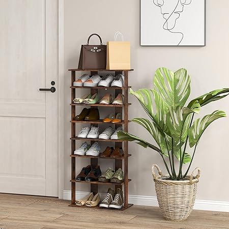 8 Tier Vertical Shoe Rack, Narrow Wooden Corner Shoe Organizer (Rustic Brown, Double Row)