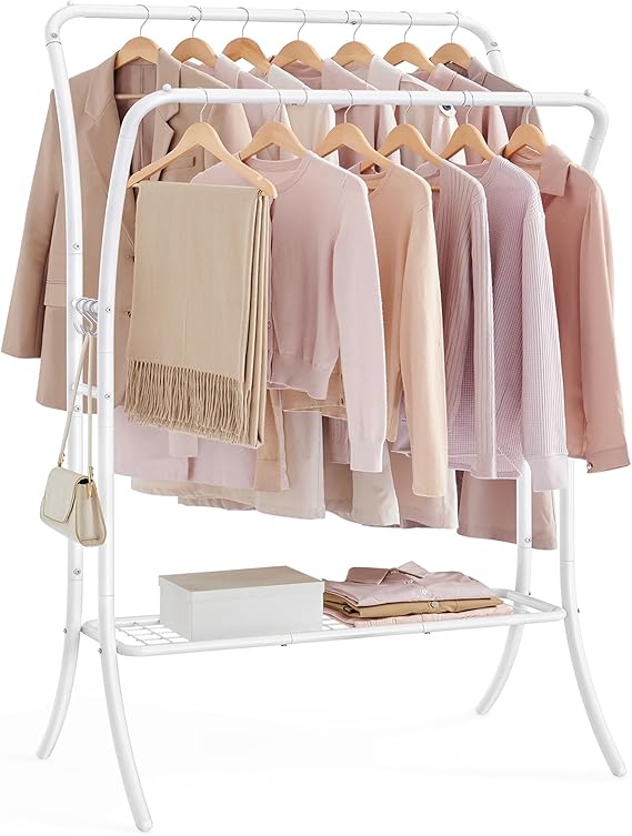 Clothing Rack with Shelves,Garment Racks Heavy Duty,Double Rod Clothes Rack with 6 Hooks, Clothes Storage and Display, Black