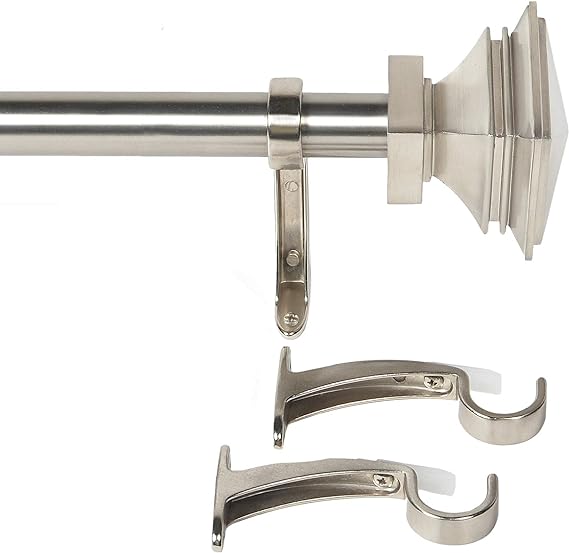 1 Inch Adjustable Satin Silver Curtain Rod for Windows & Doors Curtains with Square Finials & Brackets Set