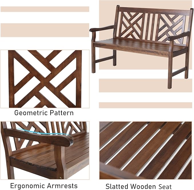 Outdoor Acacia Wood Garden Bench with Backrest and Armrest, 2-Person Slatted Seat