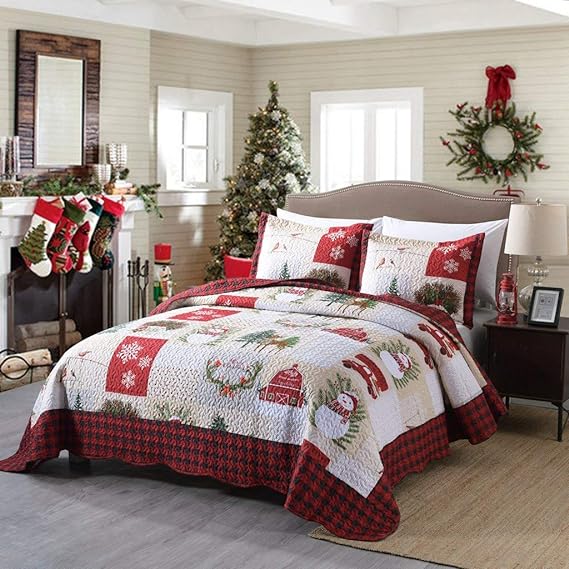 3 Piece Christmas Quilt Set, Rustic Lodge Deer Quilt Bedspread Throw Blanket Lightweight Bedspread Coverlet Comforter Set (King)