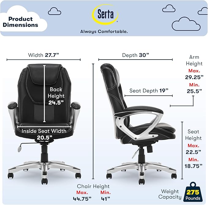 Amplify Executive Office Padded Arms, Adjustable Ergonomic Gaming Desk Chair with Lumbar Support, Faux Leather and Mesh, Black