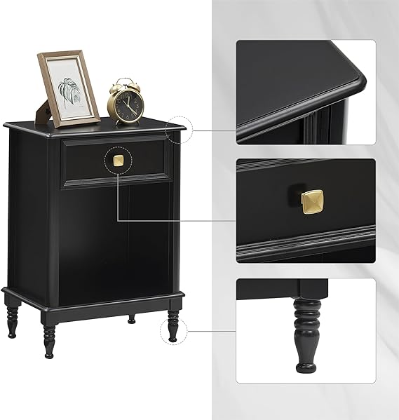 Black Night Stand Bedside Table End Table with Drawer and Storage Shelf, Wood Nightstand for Bedroom Office Living Room Sofa, Easy Assembly