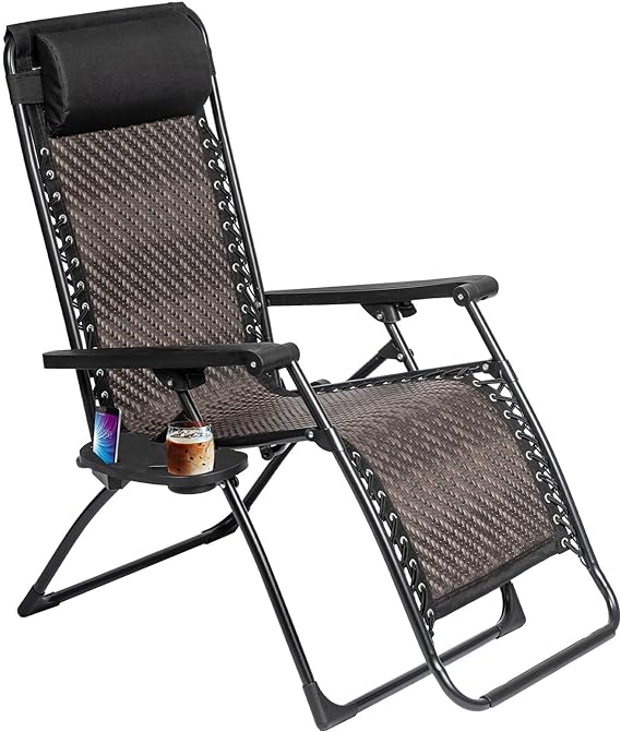 Zero Gravity Folding Recliner Chair, Adjustable Patio Lounge Chaise, Outdoor Wicker Rattan Furniture with Cup Holder and Pillow for Poolside, Yard, Beach (Gradient Brown)