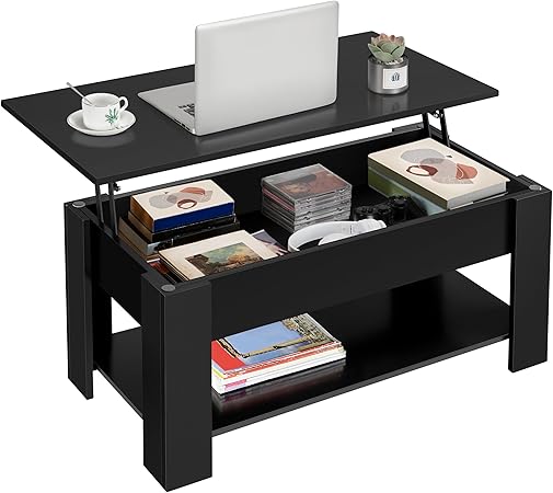 Wooden Coffee Table, Lift Top Coffee Table with Large Hidden Storage Shelf, Lift Tabletop Dining Table, Black