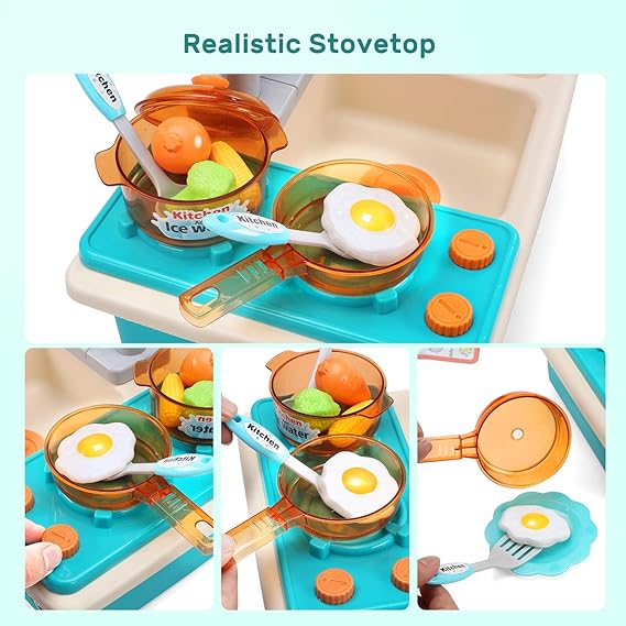 Play Kitchen Sink Toys with Upgraded Real Faucet, Play Cooking Stove