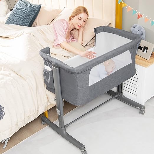 Bassinet Bedside Sleeper, 3 in 1 Folding Crib w/Adjustable Height, Mattress, Lockable Wheels, Storage Pocket & Carry Bag for Infant Newborn, Stationary & Rock, Portable Baby Bassinet (Grey)