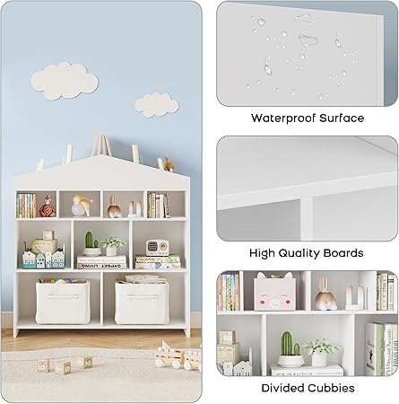 Kids Bookshelf 9-Cubby Toy Storage Organizer White Bookcase Toddlers Playhouse Cabinet Shelf for Boys Girls Wooden Storage Toy Shelf for Playroom, Nursery, Kids Room