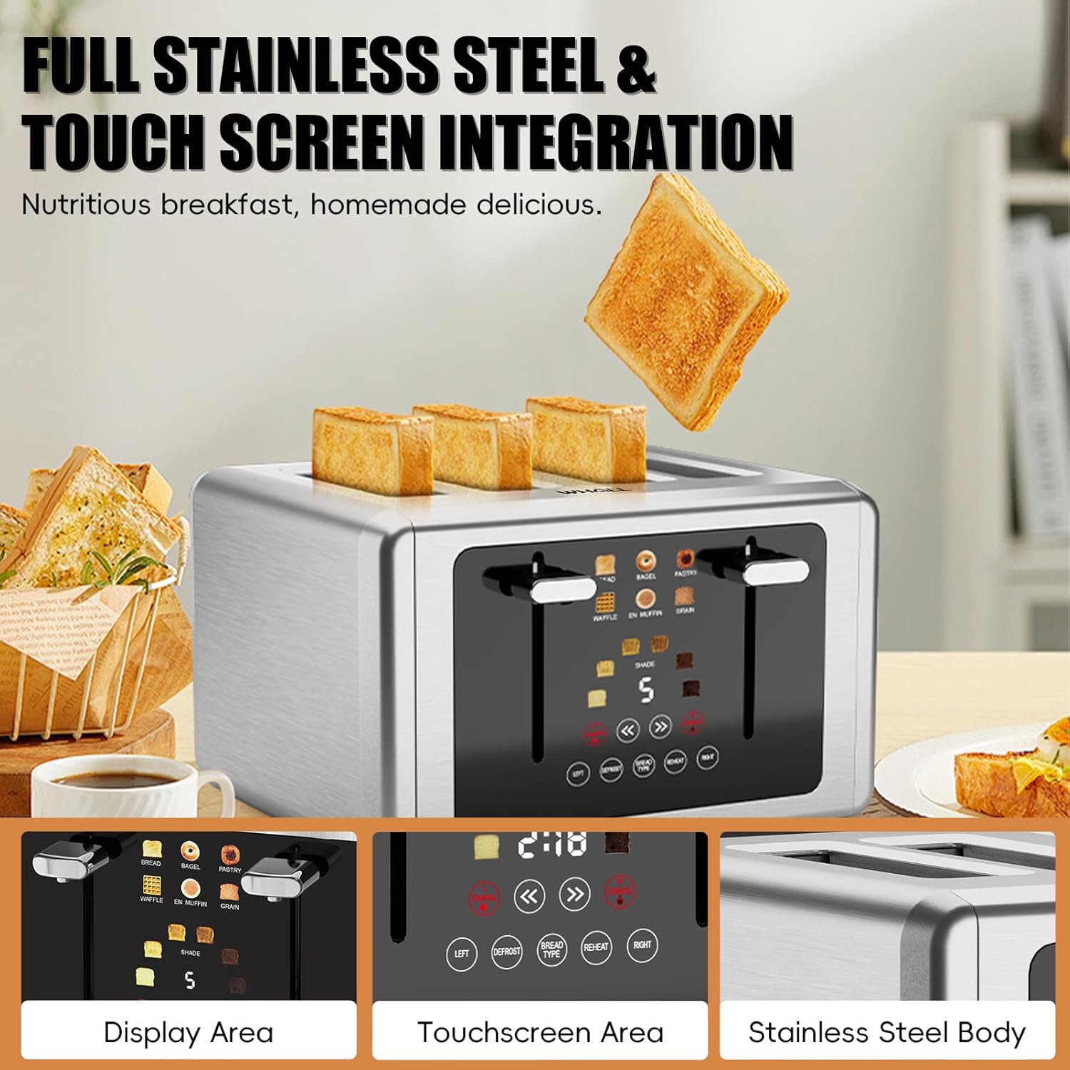 4 Slice Touch Screen Toaster, Stainless Steel Digital Timer, Dual Control Panel, Silver