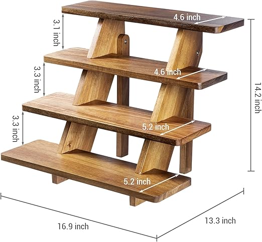 4 Tier Premium Acacia Solid Wood Cupcake Display Stand, Rustic Burnt Wooden Step Tiered Tabletop Dessert Rack, Party Table Decoration or Retail Riser