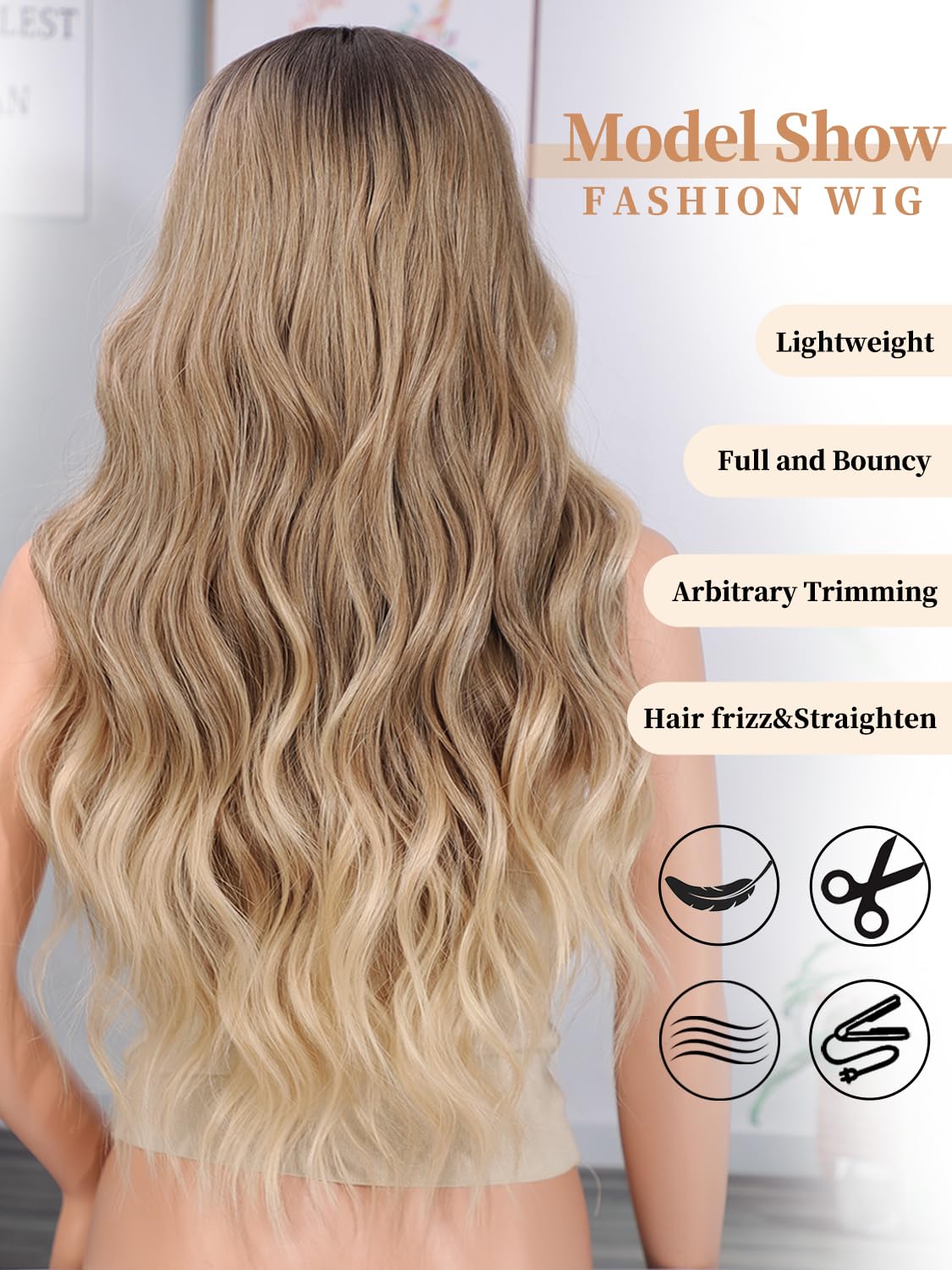 Blonde Wigs for Women, Long Ombre Blonde Wavy Wig with Dark Roots, Lace Front Womens Charming Wigs Natural Looking Blond Synthetic Heat Resistant Fiber Wig for Daily Party Use