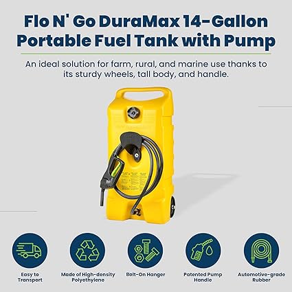 Flo N' Go Duramax 14 Gallon Portable Diesel Gas Fuel Tank Container Caddy with LE Fluid Transfer Siphon Pump and 10-Foot Long Hose, Yellow