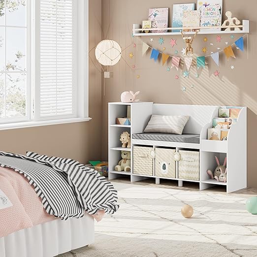 Kids Bookshelf with Reading Nook, Seat Cushion, Adjustable Shelf, Storage Bench, Book Rack