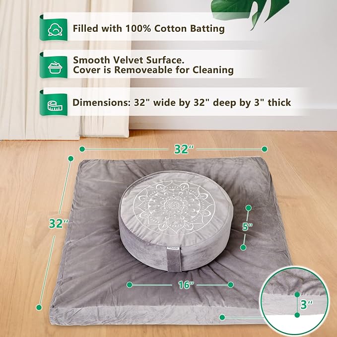Meditation Cushion - Large Velvet Zafu Floor Pillow for Adults and Women