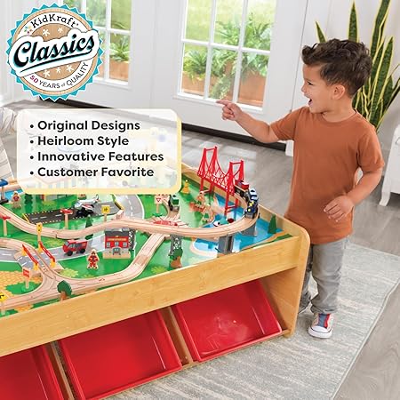 Waterfall Mountain Wooden Train Set & Table with 120 Pieces, 3 Storage Bins