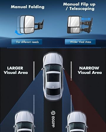Towing Mirror, Left Driver Side Automotive Mirror with Manual Operation Turn Signal Convex Glass Manual Folding Telescoping for Ford
