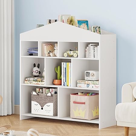 Kids Bookshelf 9-Cubby Toy Storage Organizer White Bookcase Toddlers Playhouse Cabinet Shelf for Boys Girls Wooden Storage Toy Shelf for Playroom, Nursery, Kids Room