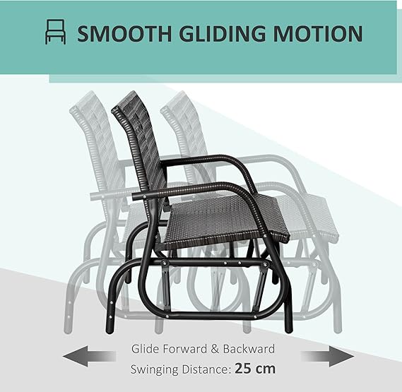 2-Person Outdoor Wicker Glider Bench, Patio Garden PE Rattan Swing Loveseat Chair with Extra Wide Seat and Curved Backrest, Dark Grey