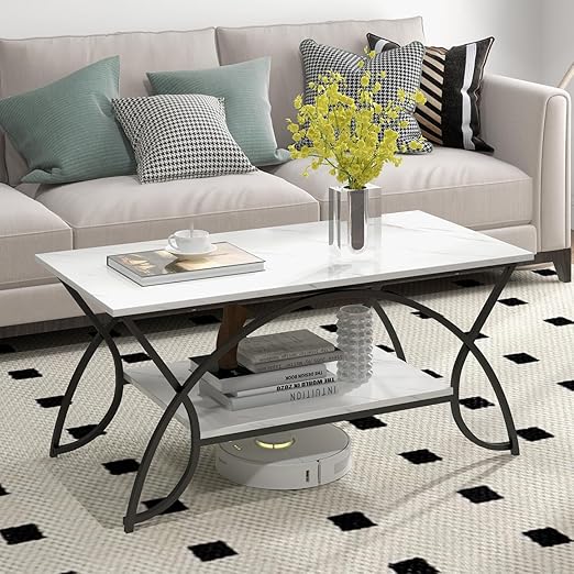 2-Tier Rectangular Coffee Table, Faux Marble Table with Open Storage Shelf, Black Finished Metal Frame, Modern Center Table (White+Black)