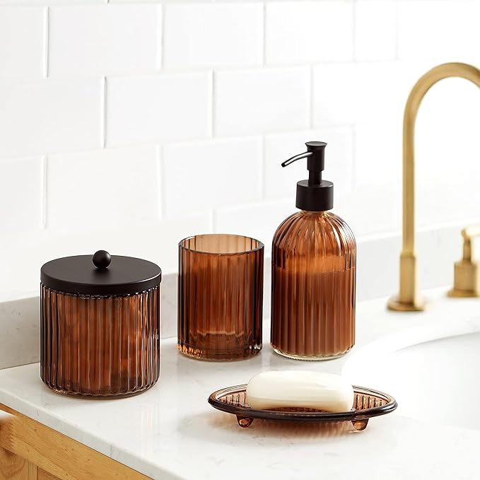 4PCs Heavy Weight Decent Glass Bathroom Accessories Set with Decorative Pressed Pattern - Includes Hand Soap Dispenser & Tumbler & Soap Dish & Toothbrush Holder (Brown)