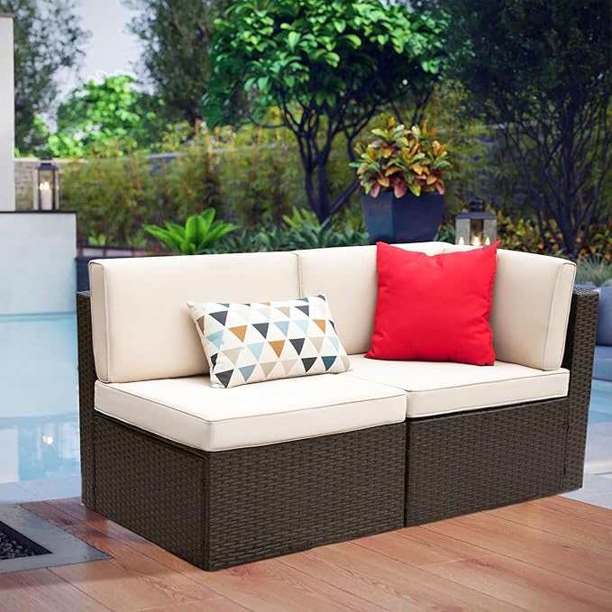 patio Furniture Sofa Sets Outdoor All-Weather Sectional Corner Sofa and Armless Sofa (Beige, 2 PCS Patio Sofa Set) - 2 BOXES