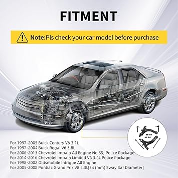 Front Lower Control Arm Fit for Buick Century Regal 1997-2005 Chevrolet Impala 2006-2016 Oldsmobile Intrigue 1998-2002 Pontiac Grand 2005-2008 K80538 K80539 K5342-8 Set Suspension Kit