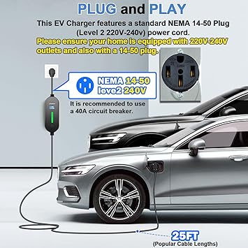 Universal Portable Level 2 EV Charger 32Amp 240V Electric Car Charger for All North American EVs Includes J1772 and Tesla, 25FT EV Charging Cable with NEMA 14-50 Plug (with Tesla Adapter)