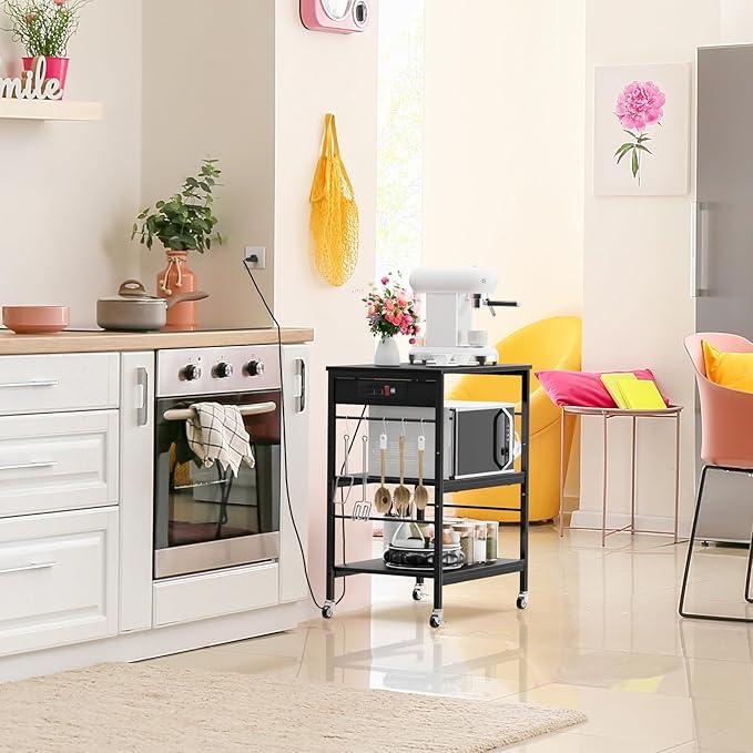 Bakers Rack with Power Outlet Black Coffee Station Cart Table on Wheels Microwave Stand Table with Storage Shelf