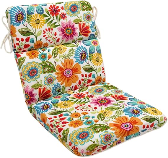 Bright Floral Indoor/Outdoor 1 Piece Split Back Chair Cushion with Ties Rounded Corners, Deep Seat, Weather, and Fade Resistant, Blue/Purple Gregoire