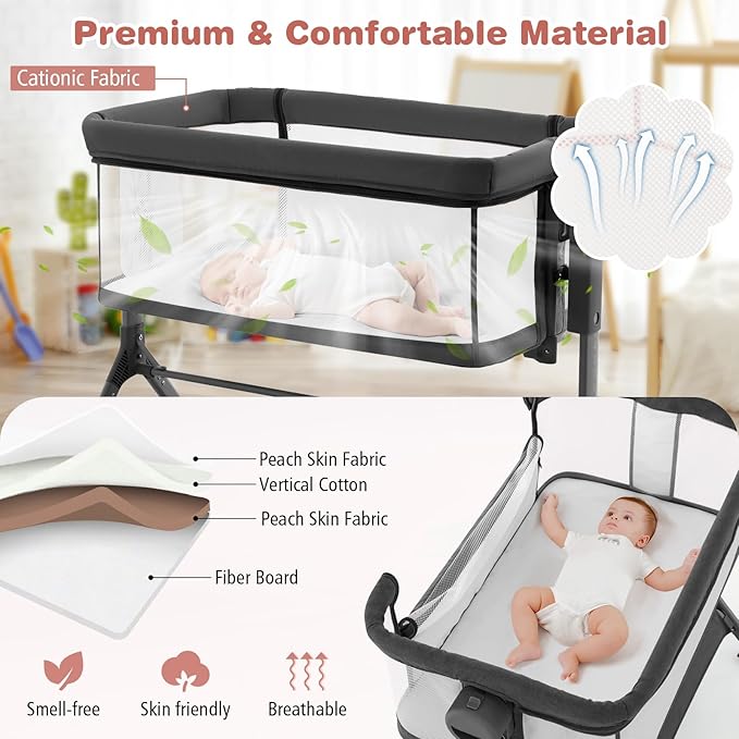 Bassinet, 3 in 1 Rocking Bedside Bassinet w/Storage Basket, Universal Wheels, Adjustable Height, Mattress, Net & Portable Bag, Carriable Crib Baby Bassinets Bedside Sleeper (Gray)