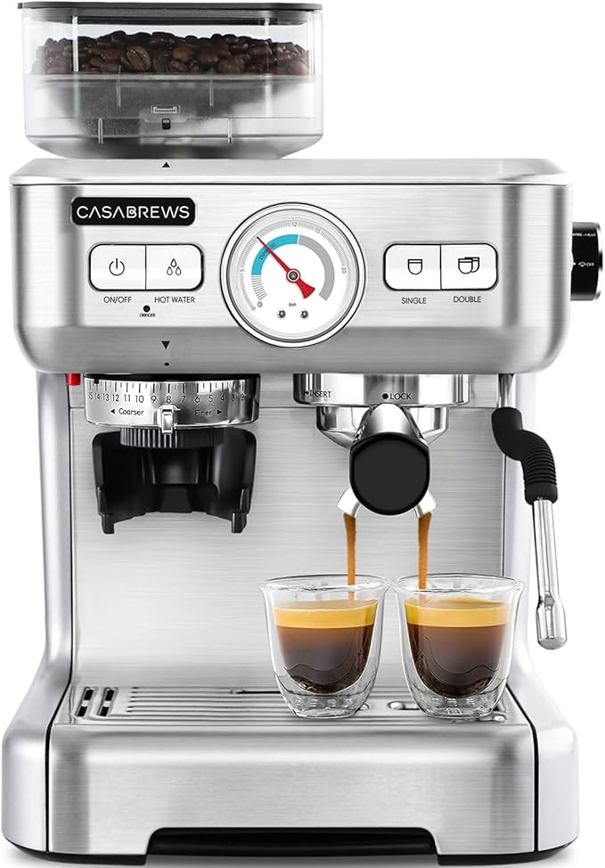 2- Cup Silver/Brushed Stainless Steel All in One 20 Bar Espresso Machine with Grinder and Powerful Steam Wand