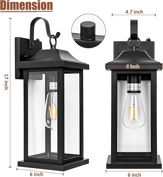2-Pack Dusk to Dawn Large Outdoor Wall Lights, Exterior Light Fixtures Porch Lights Tempered Clear Glass, IP65 Waterproof Anti-Rust Outside Wall Sconces Matte Black Wall Lanterns