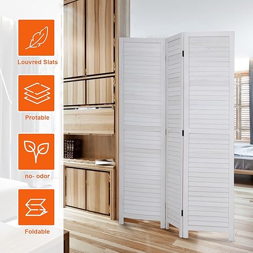 3 Panels Room Divider Rustic Wood Privacy Screens Folding Portable Partition Screen Freestanding Wall Home Furniture for Bedroom White